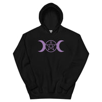 Purple Triple Moon Goddess design on unisex hoodie, front view
