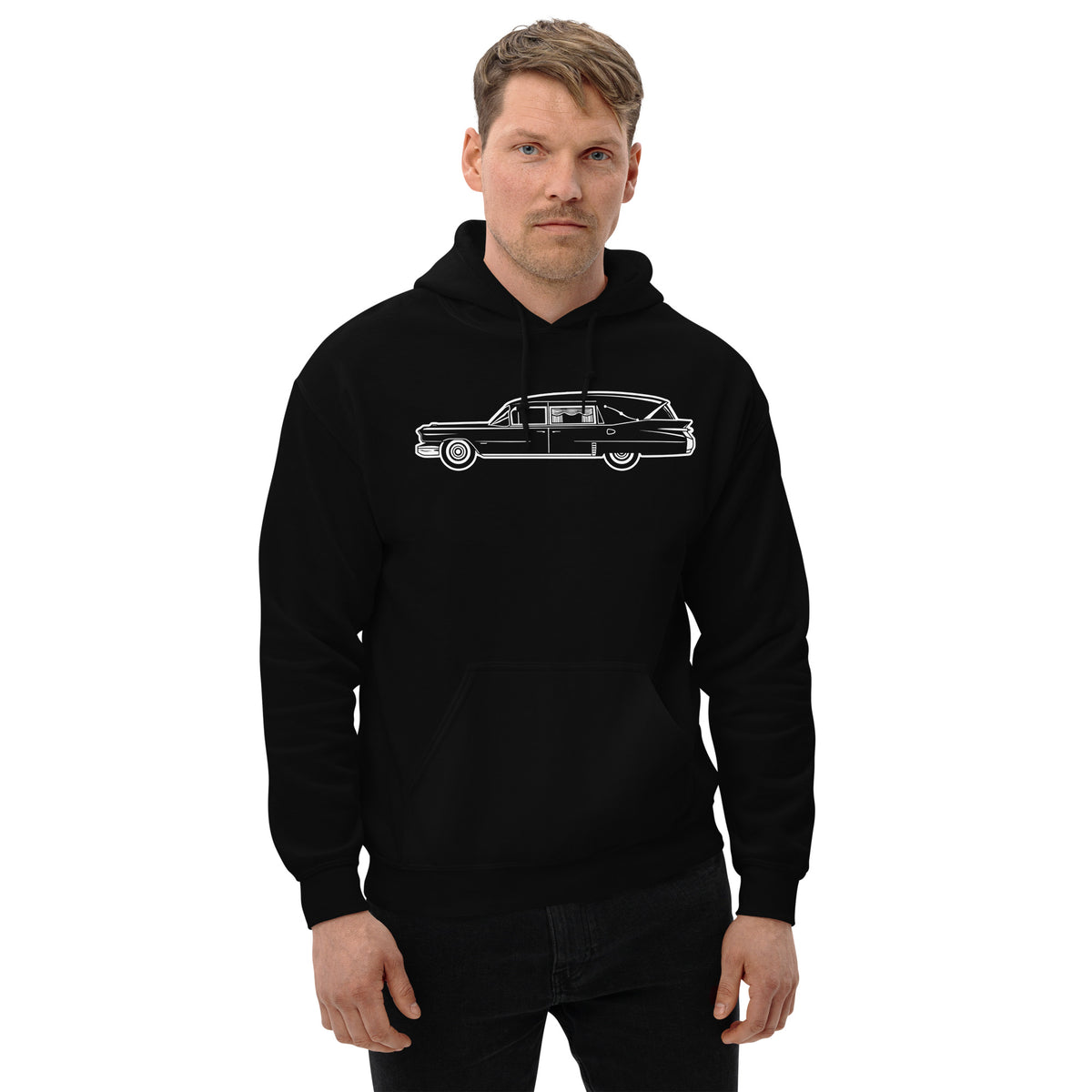 Classic Funeral Hearse design on unisex hoodie, front view