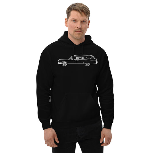 Classic Funeral Hearse design on unisex hoodie, front view