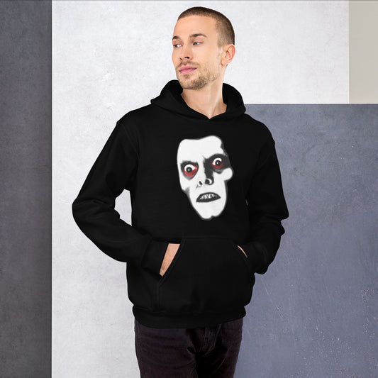 Pazuzu Captain Howdy design on unisex hoodie, front view