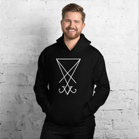 White Sigil of Lucifer design on unisex hoodie, front view