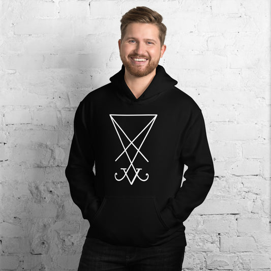 White Sigil of Lucifer design on unisex hoodie, front view