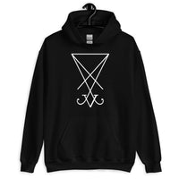 White Sigil of Lucifer design on unisex hoodie, front view