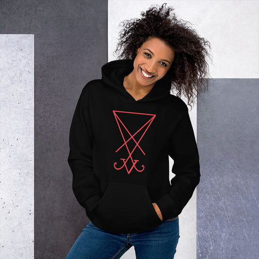 Red Sigil of Lucifer design on unisex hoodie, front view
