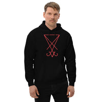 Red Sigil of Lucifer design on unisex hoodie, front view