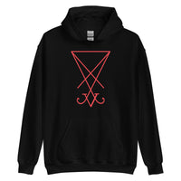 Red Sigil of Lucifer design on unisex hoodie, front view
