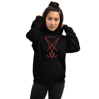 Red Sigil of Lucifer design on unisex hoodie, front view