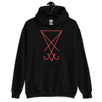 Red Sigil of Lucifer design on unisex hoodie, front view