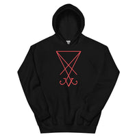 Red Sigil of Lucifer design on unisex hoodie, front view