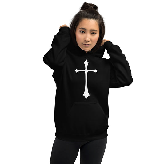 White Medieval Cross design on unisex hoodie, front view
