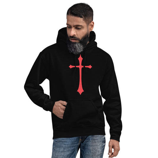 Red Medieval Cross design on unisex hoodie, front view