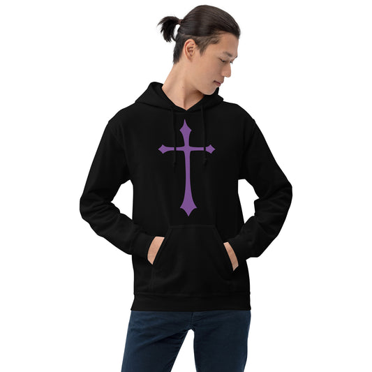 Purple Medieval Cross design on unisex hoodie, front view