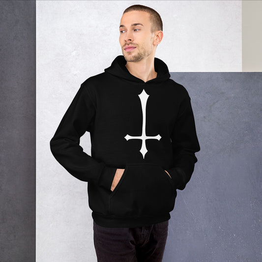 White Inverted Cross design on unisex hoodie, front view