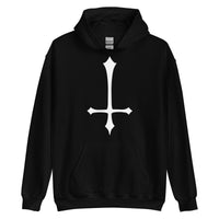 White Inverted Cross design on unisex hoodie, front view