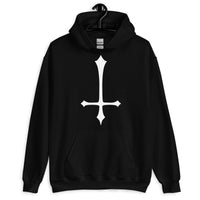 White Inverted Cross design on unisex hoodie, front view