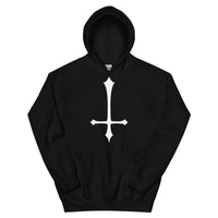 White Inverted Cross design on unisex hoodie, front view
