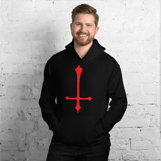 Red Inverted Cross design on unisex hoodie, front view