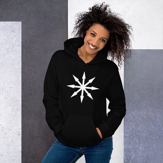 White Chaos Star design on unisex hoodie, front view