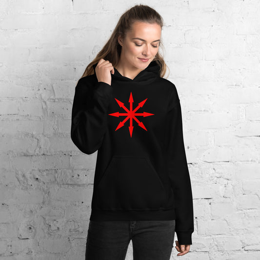 Red Chaos Star design on unisex hoodie, front view