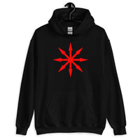 Red Chaos Star design on unisex hoodie, front view