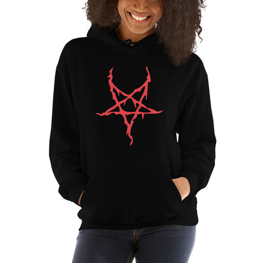 Red Melting Inverted Pentagram design on unisex hoodie, front view