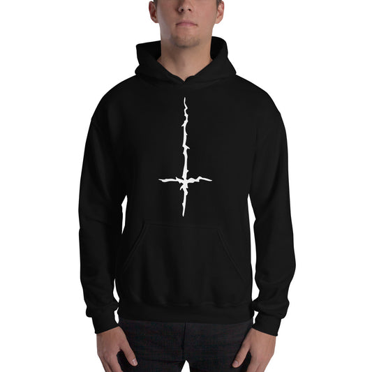 White Melting Inverted Cross design on unisex hoodie, front view