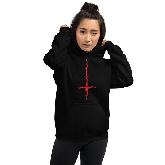 Red Melting Inverted Cross design on unisex hoodie, front view