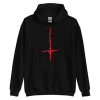 Red Melting Inverted Cross design on unisex hoodie, front view