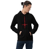 Red Melting Inverted Cross design on unisex hoodie, front view