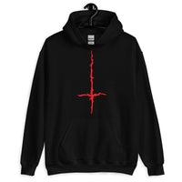 Red Melting Inverted Cross design on unisex hoodie, front view