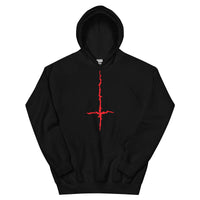 Red Melting Inverted Cross design on unisex hoodie, front view