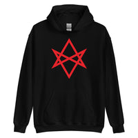 Red Unicursal Hexagram design on unisex hoodie, front view