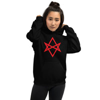 Red Unicursal Hexagram design on unisex hoodie, front view
