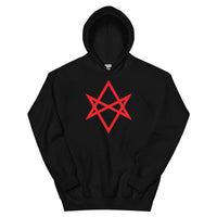 Red Unicursal Hexagram design on unisex hoodie, front view