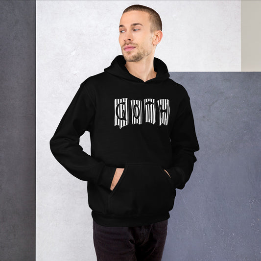 Black White Gothic Stripes design on unisex hoodie, front view