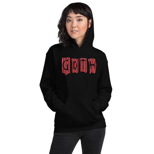 Black Red Gothic Stripes design on unisex hoodie, front view