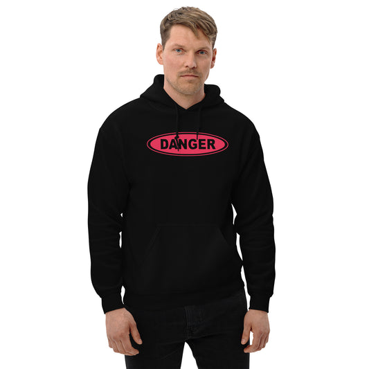 Red Danger Sign design on unisex hoodie, front view