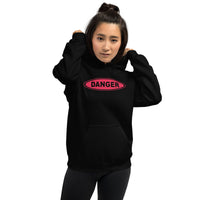 Red Danger Sign design on unisex hoodie, front view