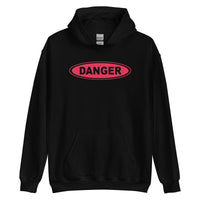 Red Danger Sign design on unisex hoodie, front view