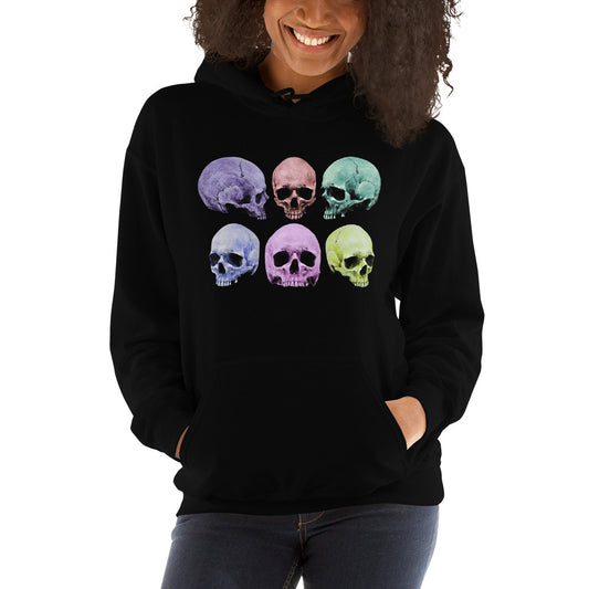 Pastel Death Skulls design on unisex hoodie, front view