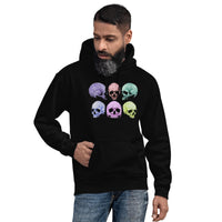 Pastel Death Skulls design on unisex hoodie, front view