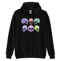 Pastel Death Skulls design on unisex hoodie, front view