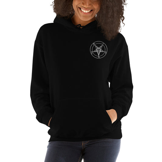 White Sigil of Baphomet embroidered on unisex hoodie, front view
