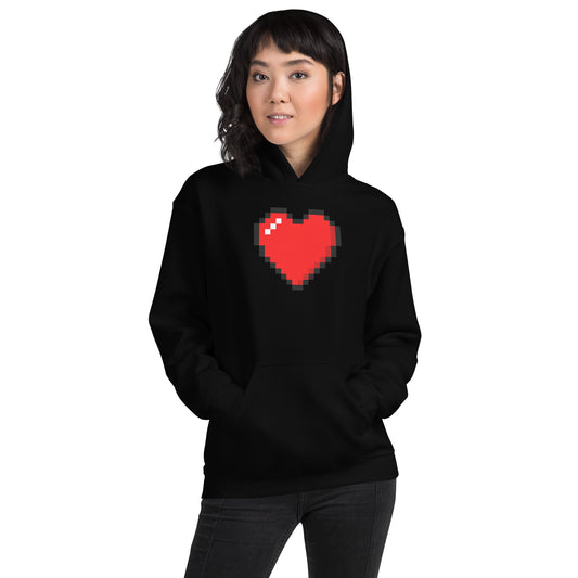 Pixel Heart design on unisex hoodie, front view