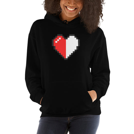 Pixel Half Heart design on unisex hoodie, front view