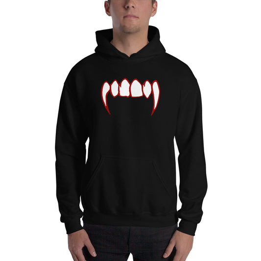 Bloody Vampire Fangs design on unisex hoodie, front view