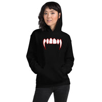 Bloody Vampire Fangs design on unisex hoodie, front view