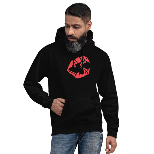 Red Novelty Vampire Fangs design on unisex hoodie, front view