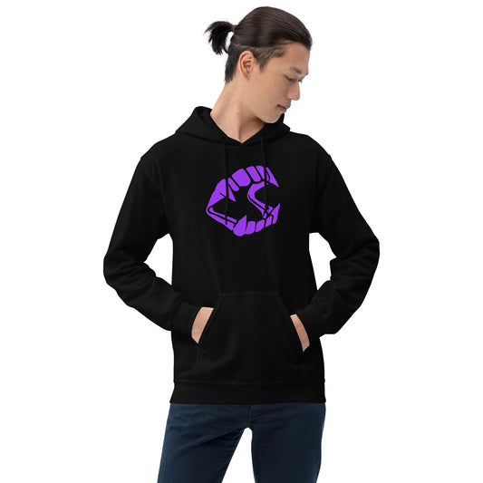 Purple Novelty Vampire Fangs design on unisex hoodie, front view