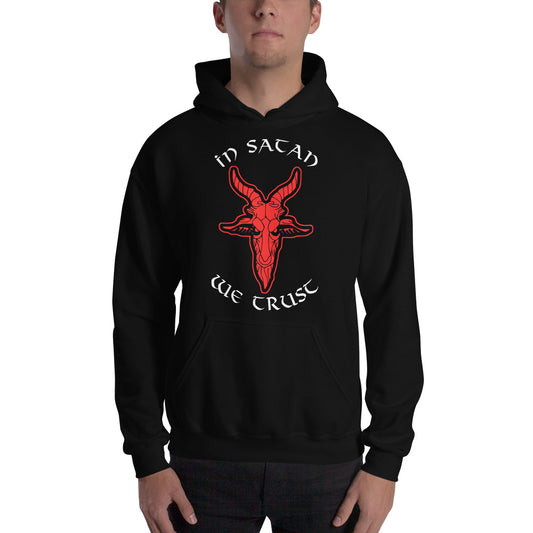 In Satan We Trust 666 Goat Head design on unisex hoodie, front view